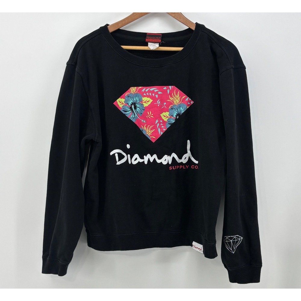 Diamond Supply Co Sweatshirt Men's Large Black Floral Diamond Graphic Logo